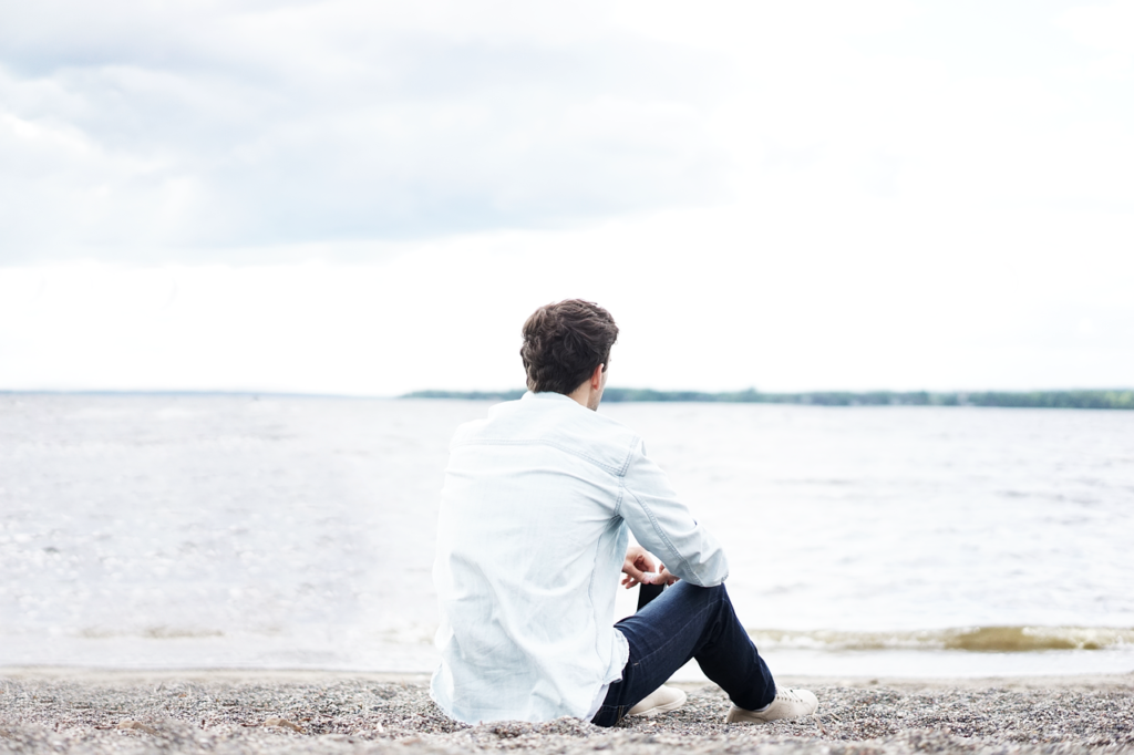 beach, man, ocean, outdoors, sand, sea, sitting, alone, back, water, solitude, solitary, young man, shore, seashore, alone, alone, alone, alone, alone, nature, young man
